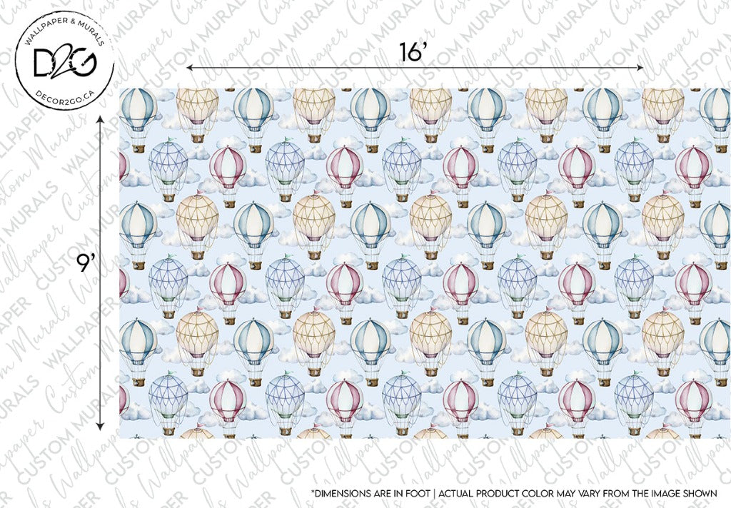 Illustration of whimsical hot-air balloons in various colors and designs floating in a sky with a width of 16 feet and height of 9 feet. Perfect for children's bedrooms decor, the background includes a watermark text indicating custom murals and designs by Decor2Go Wallpaper Mural (Watercolor Hot-Air Balloons Wallpaper Mural).