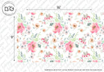 A feminine decor floral wallpaper design is shown with measurements of 16 feet in width and 9 feet in height. The pattern features pink and light green watercolor flowers with leaves on a white background. The branding for Decor2Go Wallpaper Mural is faintly repeated behind the design, featuring the Watercolor Pink Flowers Wallpaper Mural.