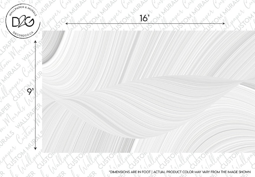 An image of the "White Waves Wallpaper Mural" design featuring white and gray fluid, wavy lines with abstract styling, measuring 16 feet in width and 9 feet in height. The top left corner.