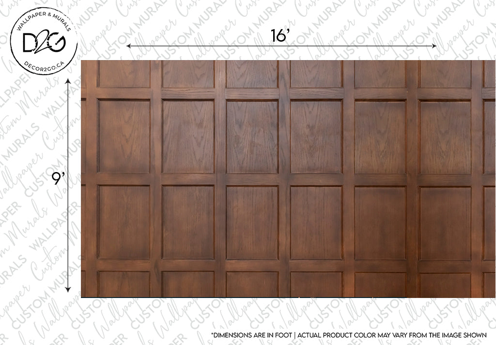 A wood-paneled wall with a grid pattern of rectangular panels, measuring 16 feet wide and 9 feet tall. The wood has a rich, warm brown finish that enhances its natural aesthetic. There is text on the image indicating dimensions and a disclaimer about color variation. The product is called Wood Panels III Wallpaper Mural by Decor2Go Wallpaper Mural.