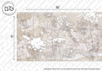 Elegant Victorian mural design featuring a grayscale botanical pattern with flowers and leaves, dimensions indicated as 16 by 9 inches, noted that actual White Ancient Garden Wallpaper Mural color may vary.