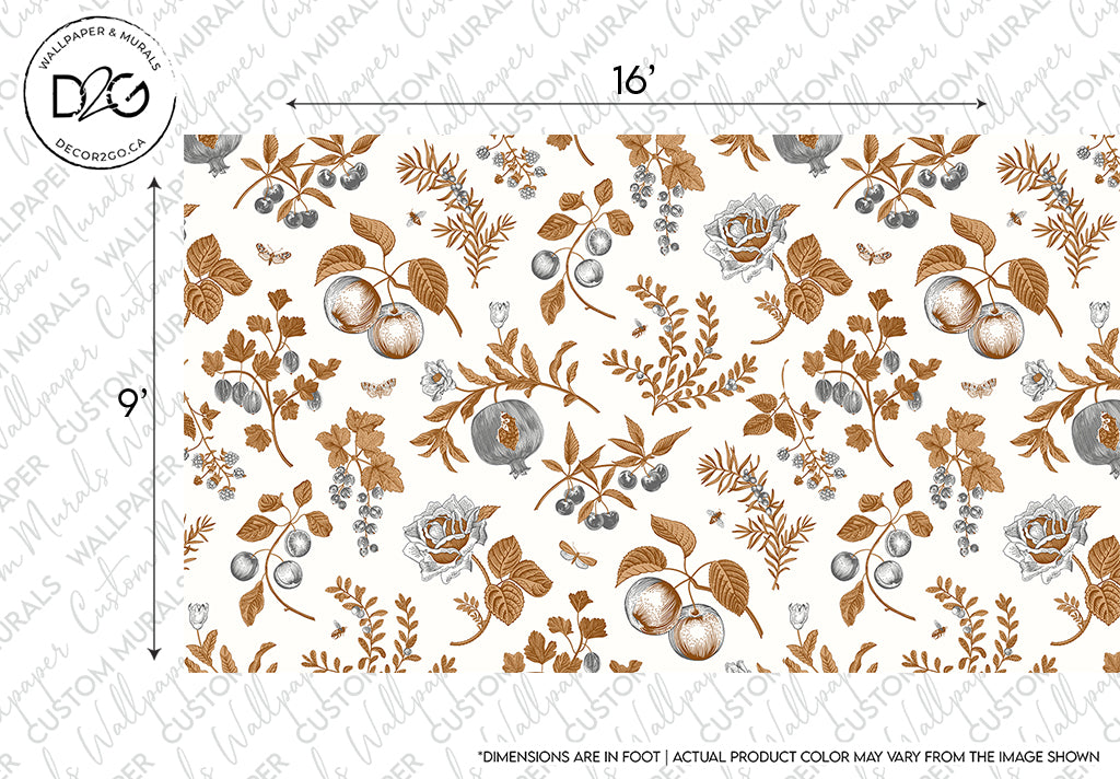 Decorative flourish wallpaper featuring a repeating pattern of various botanical illustrations, including autumn leaves, flowers, and fruits in brown and beige tones, with dimensions indicated. Introducing the Autumn Botanical Wallpaper Mural from Decor2Go Wallpaper Mural.