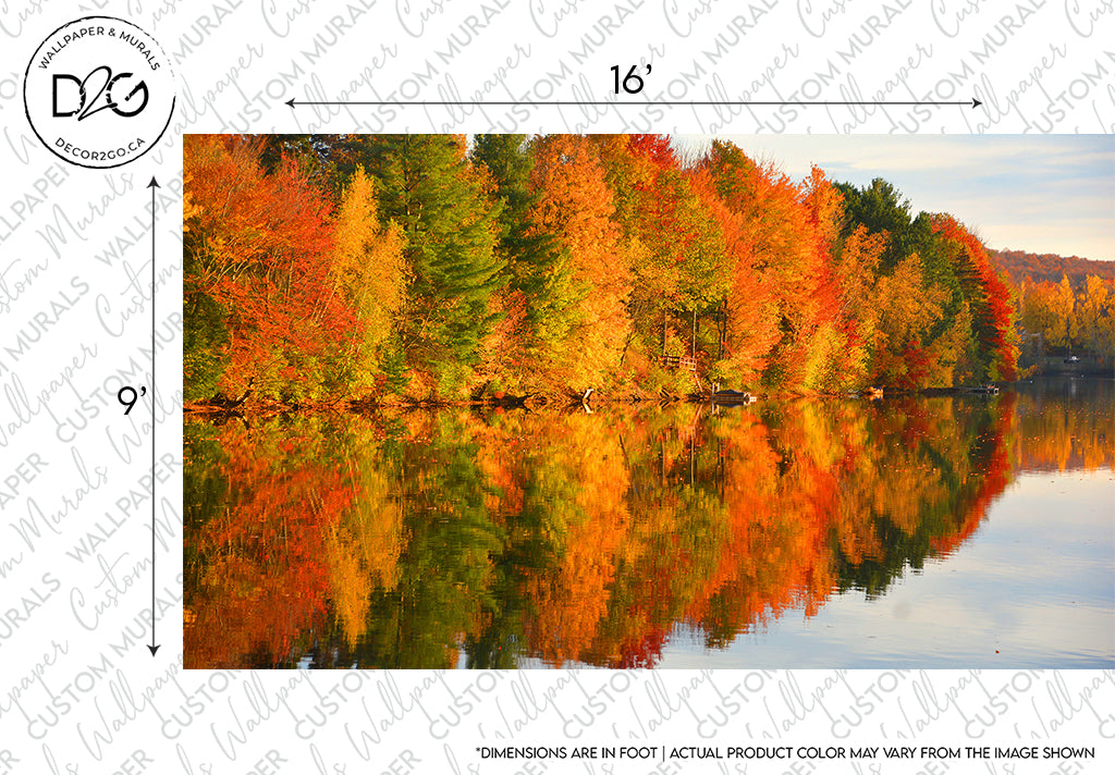 A stunning Fall Foliage Symphony Wallpaper Mural showing trees with vibrant red, orange, and yellow leaves reflecting in a tranquil lake. Watermark indicating "Decor2Go Wallpaper Mural" and measured dimension lines are visible.