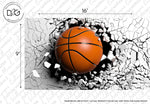 A basketball breaking through a white, shattered tile wall, suggesting powerful impact. The ball is centered, emphasizing its vibrant orange color against the black and white backdrop of a custom Decor2Go Wallpaper Mural.