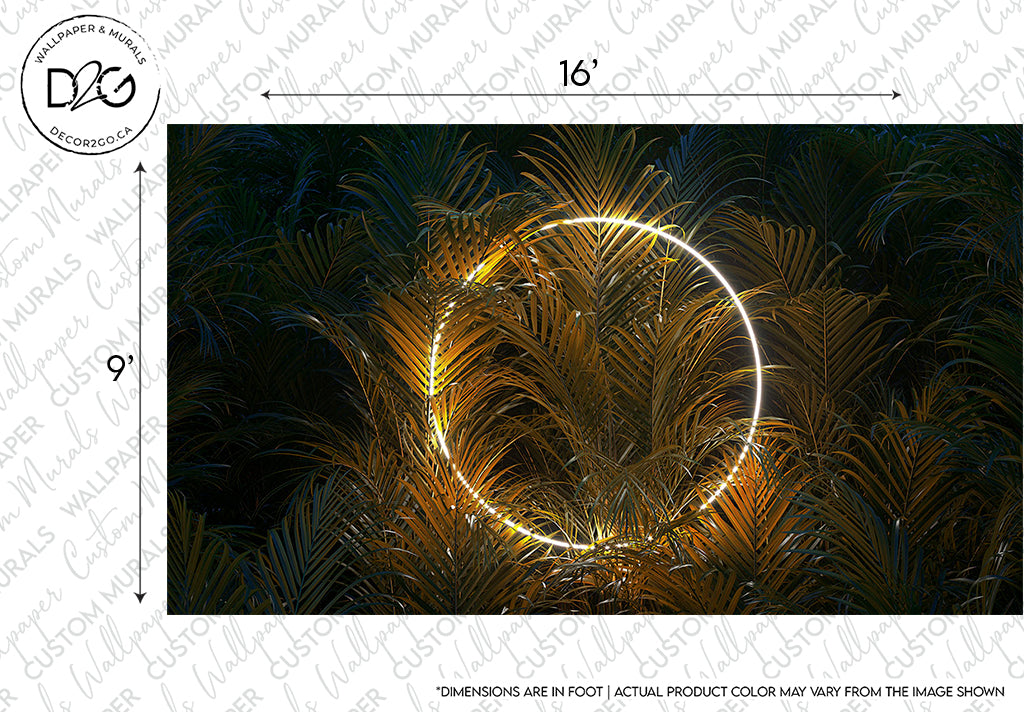 Circular light installation illuminating dark tropical foliage, creating a glowing ring effect against a night background. Decorative image with a Big Green Leaves with Ring Light wallpaper mural by Decor2Go Wallpaper Mural for size perspective.