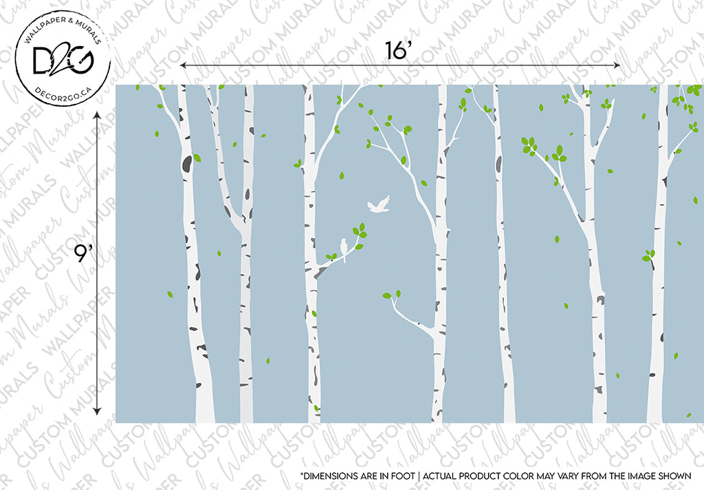 Decorative wallpaper pattern featuring rows of stylized birch trees in gray with small green leaves and a bird in mid-flight, measured to show scale. This Decor2Go Wallpaper Mural is ideal
