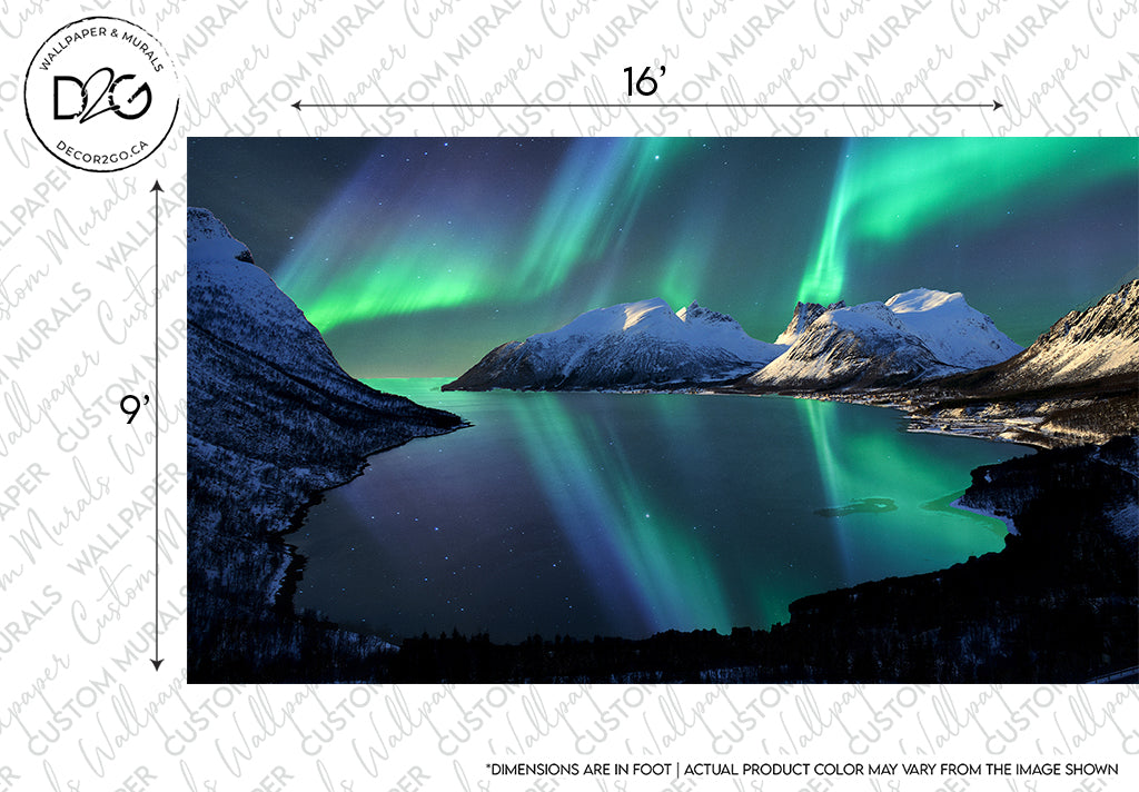 A stunning image of the Borealis Skies Wallpaper Mural by Decor2Go Wallpaper Mural casting vibrant green hues over a snowy mountain landscape with a calm reflective lake in the foreground, creating a mystical atmosphere.