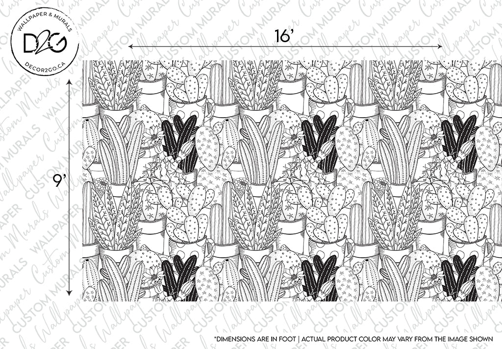 Black and white design featuring a pattern of various cactus plants, with dimensions indicated at the top and bottom of the image. Cactus Clan Wallpaper Mural by Decor2Go Wallpaper Mural.