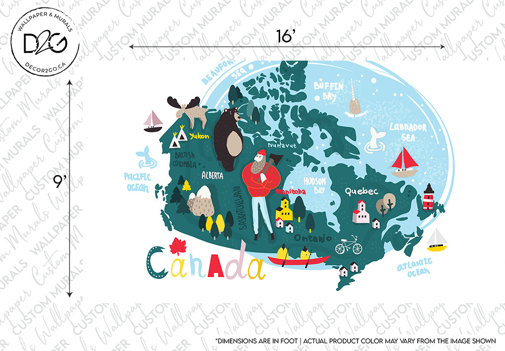 Illustrative custom Canada Day Map Wallpaper Mural featuring stylized representations of regions, animals, and landmarks, using playful designs and colors. The map includes text labels and measures 16 by 9 inches. Created by Decor2Go Wallpaper Mural.