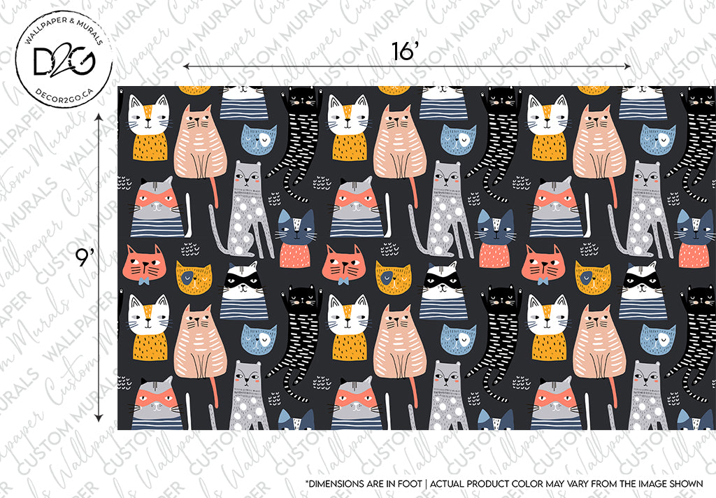 Fabric pattern featuring a playful design of various colorful and stylized cartoon cats in different poses on a dark background, marked with dimensions and branding details. Cartoon Cats Wallpaper Mural by Decor2Go Wallpaper Mural.