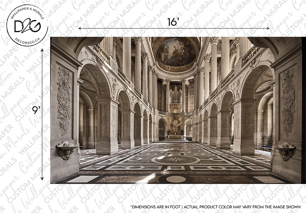Interior view of the palace of Versailles' Hall of Mirrors with Cathedral Grande Wallpaper Mural from Decor2Go Wallpaper Mural, highlighting the symmetrical design and ancient architecture.