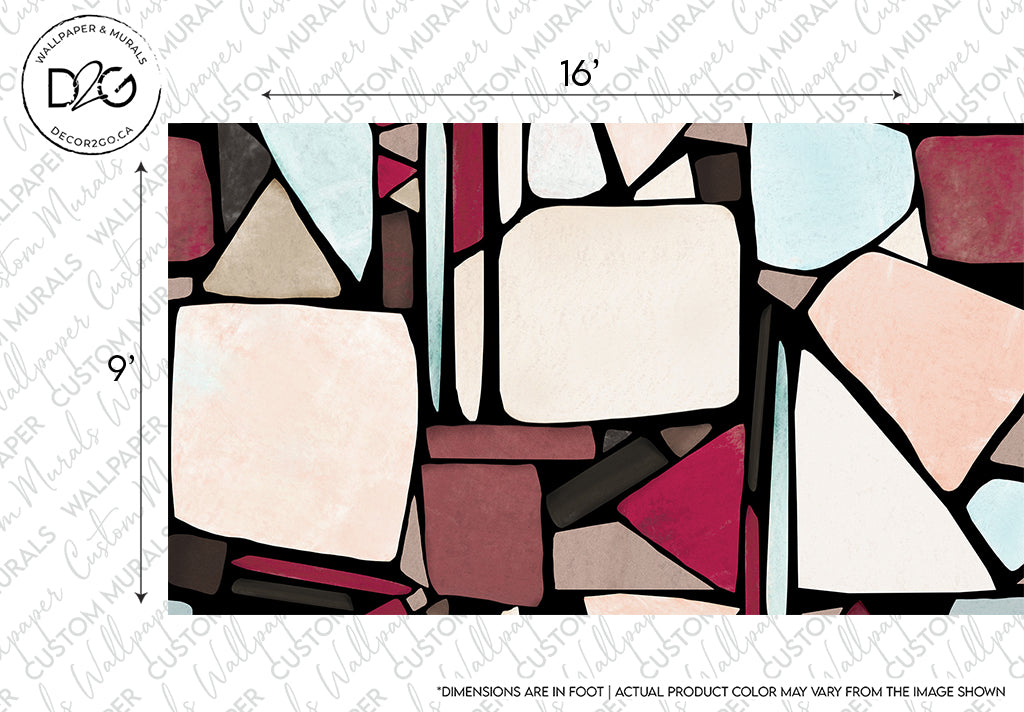 Decor2Go Wallpaper Mural featuring various interlocking shapes in shades of pink, maroon, beige, and black, encompassed by white outlines, measured at 16 by 9 inches.