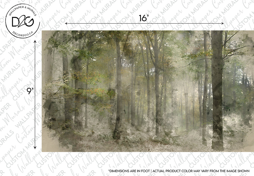 Deep Forest Wallpaper Mural from Decor2Go Wallpaper Mural, featuring a calming mist, impressionistic forest scene with trees, subtle sunlight filtering through mists, and understated green and gray tones. Dimensions noted as 16” x 59”.