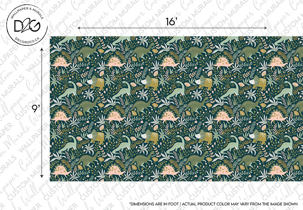 Seamless pattern featuring foxes, mushrooms, and foliage in a vibrant green color scheme, measured for size with custom dimensions noted (16" by 9") on the top right, and logo of Dinosaur Wilderness Wallpaper Mural by Decor2Go Wallpaper Mural.