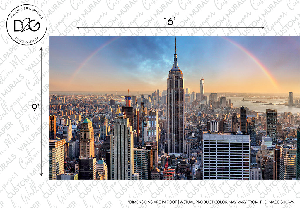 A panoramic view of New York City's skyline featuring the Empire State Building with a Double Rainbow Skyline arching in the sky during sunset, watermarked by "Decor2Go Wallpaper Mural" and measurement indications.