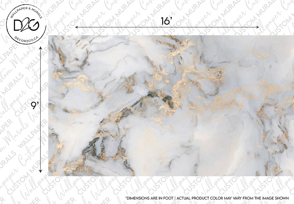 A Decor2Go Wallpaper Mural showcasing a marble texture with swirling patterns of white, grey, and gold, detailed with dimensions labeled as 16 inches by 59 inches.