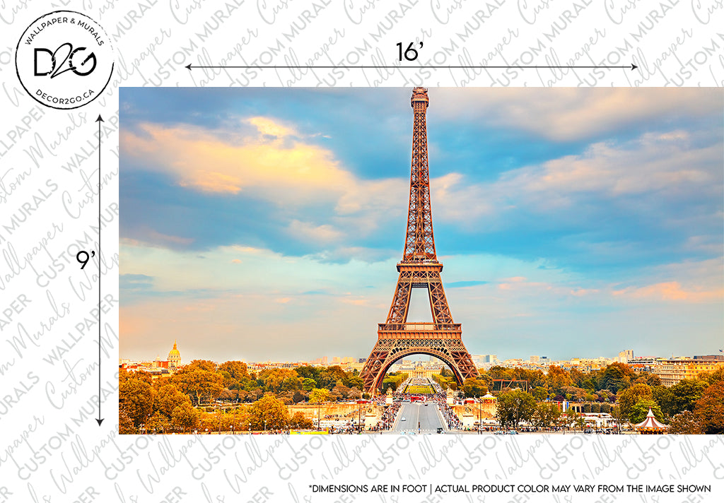 A vibrant photo of the Eiffel Tower in Paris, France, under a softly clouded sky at sunset, showcasing variations in colors. Notable dimensions are marked on this Decor2Go Wallpaper Mural.