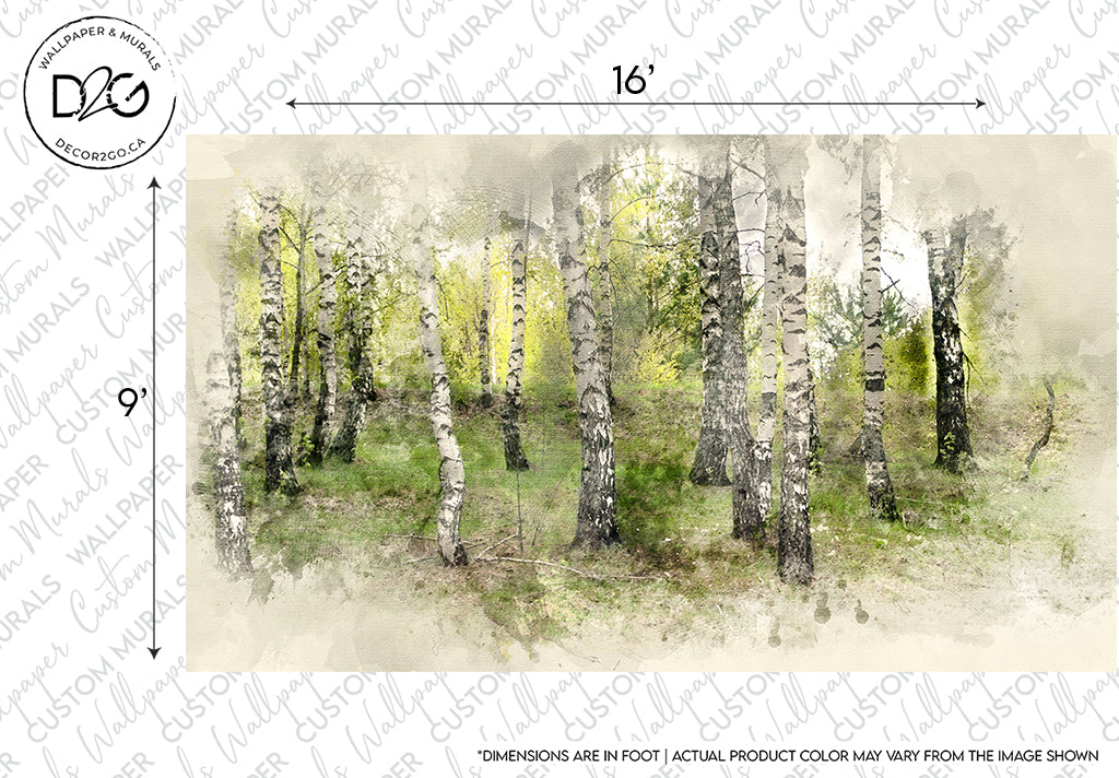 A Decor2Go Wallpaper Mural design featuring a serene watercolor painting of birch trees in a light-filled forest. The Faded Birch Wallpaper Mural includes dimensions and a disclaimer about color accuracy in the design mock-up.