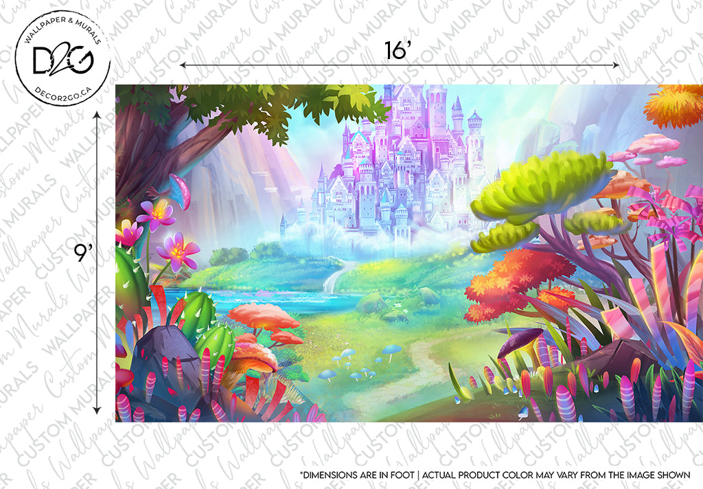 A colorful Decor2Go Wallpaper Mural featuring a distant magical castle surrounded by lush, vibrant flora, trees, and a flowing river, populated with mythical creatures, creating a dreamlike scene.