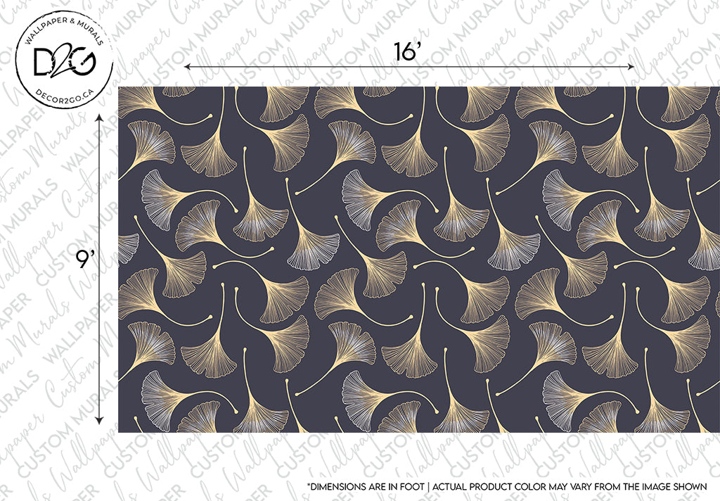 A Japanese Flowers Wallpaper Mural featuring luxurious golden ginkgo biloba leaves patterned on a dark navy blue background. Measured dimensions indicate 16 inches by 9 inches. Brand Name: Decor2Go Wallpaper Mural
