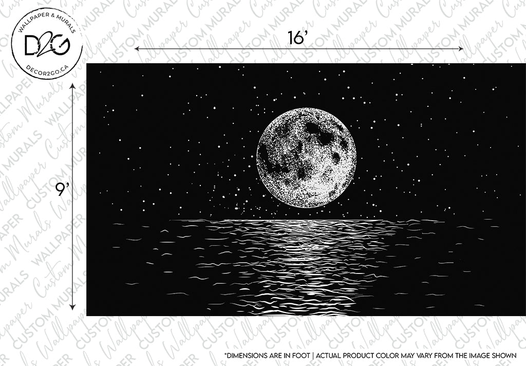 Black and white Lunar Etch wallpaper mural of a full moon over a shimmering body of water, with a star-filled sky above. The image dimensions are marked as 16" by 9".