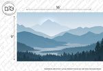 Illustration of a serene landscape featuring the Decor2Go Misty Blue Mountains Wallpaper Mural and a winding river flowing through a dense forest. Shades of blue dominate the scene. Image dimensions are marked.