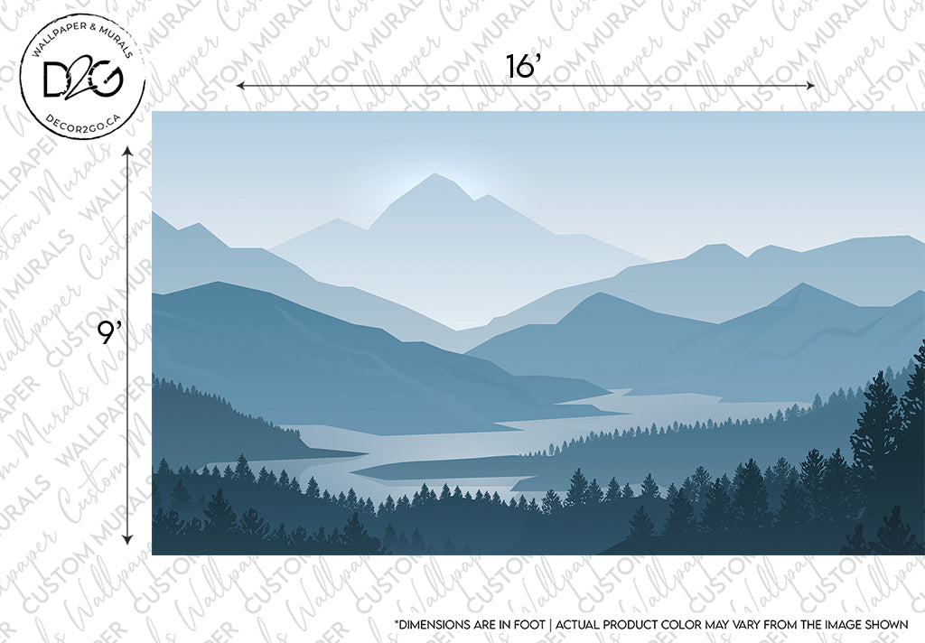 Illustration of a serene landscape featuring the Decor2Go Misty Blue Mountains Wallpaper Mural and a winding river flowing through a dense forest. Shades of blue dominate the scene. Image dimensions are marked.