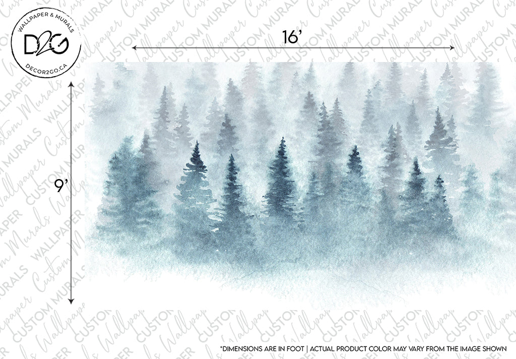 Watercolor painting of a misty forest with multiple layers of pine trees fading into a Decor2Go Wallpaper Mural background. The image dimensions are marked as 16" by 9".