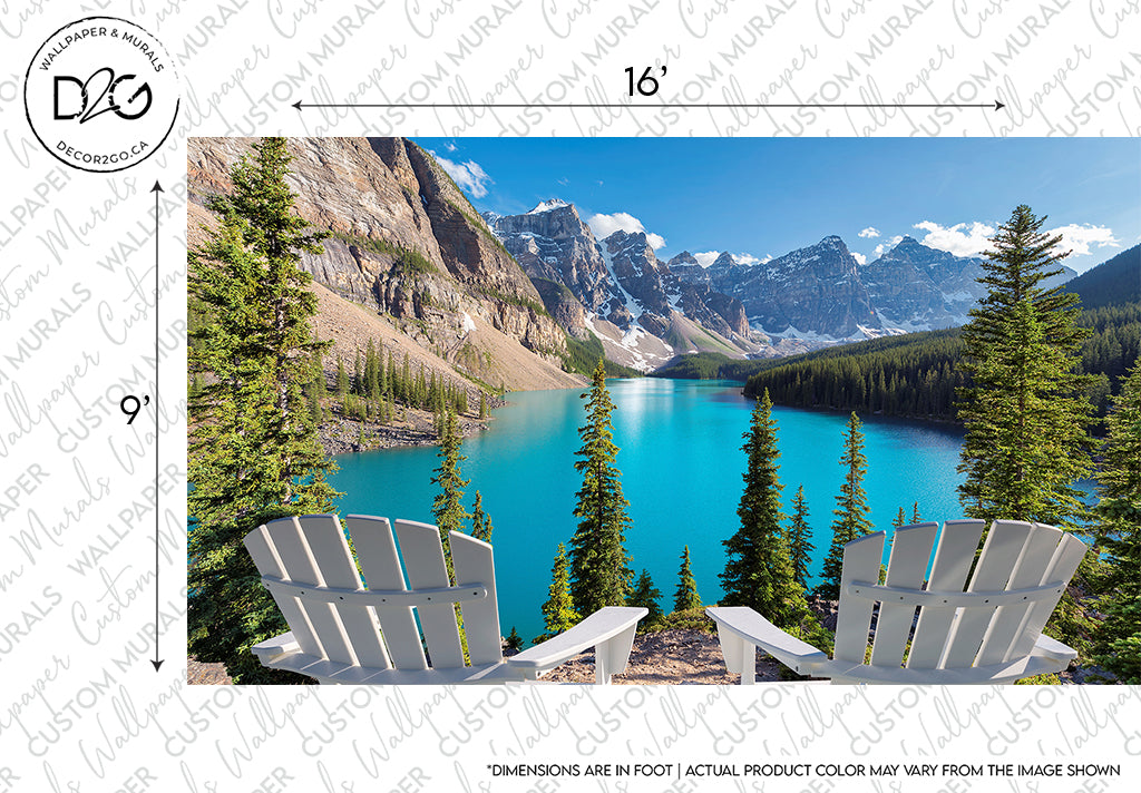 Two white Adirondack chairs face the vivid Moraine Lake Wallpaper Mural, surrounded by sharp mountain peaks and dense green pine trees, under a clear blue sky.