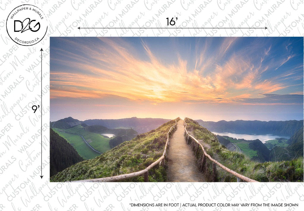 A stunning sunset over a scenic hiking trail, lined with wooden fences, leading through lush green hills towards a horizon glowing with warm colors – perfect for a Decor2Go Wallpaper Mural.