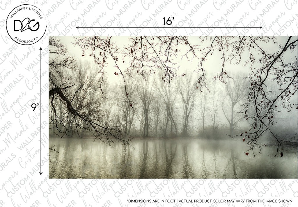 A serene winter landscape featuring bare trees on the edge of a foggy lake, with water reflecting the tree silhouettes and a grey, overcast sky can be found in the Murky Forest Wallpaper Mural by Decor2Go Wallpaper Mural.