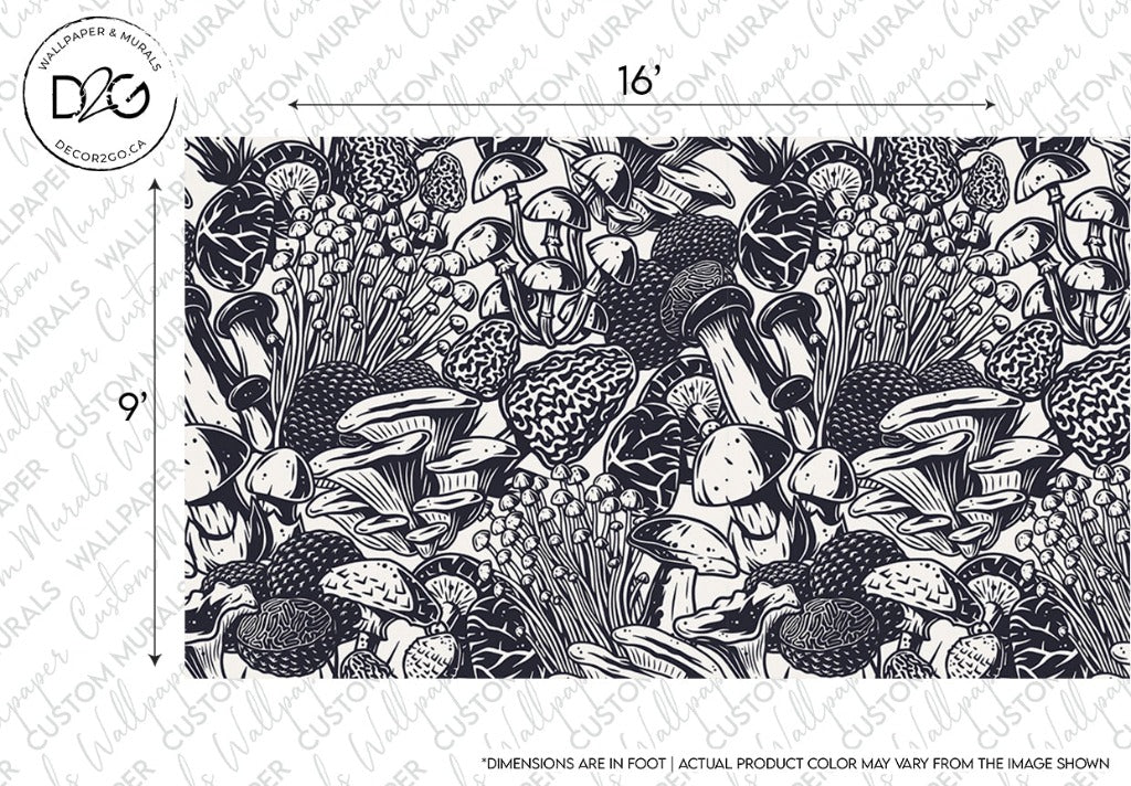 Detailed black and white illustration of a dense, varied array of mushrooms and plants, with a measurement scale indicating size, intended for use as Decor2Go Wallpaper Mural.
