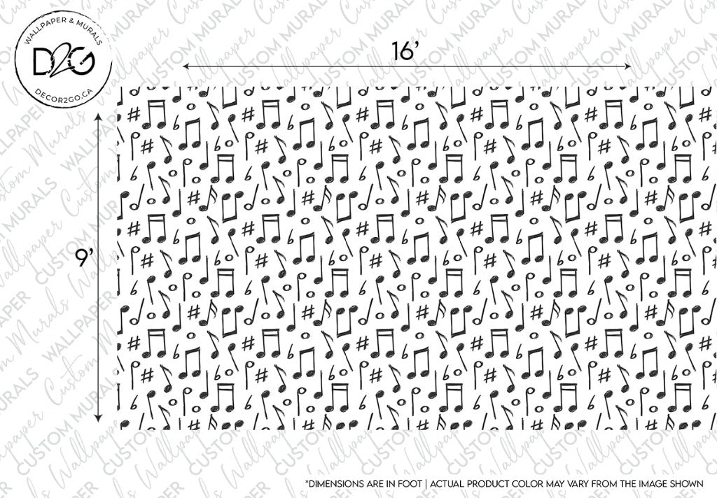 A black and white Music Notes Mural Wallpaper featuring an assortment of musical notes and symbols scattered haphazardly on a 16-inch fabric, annotated with dimensions, from Decor2Go Wallpaper Mural.