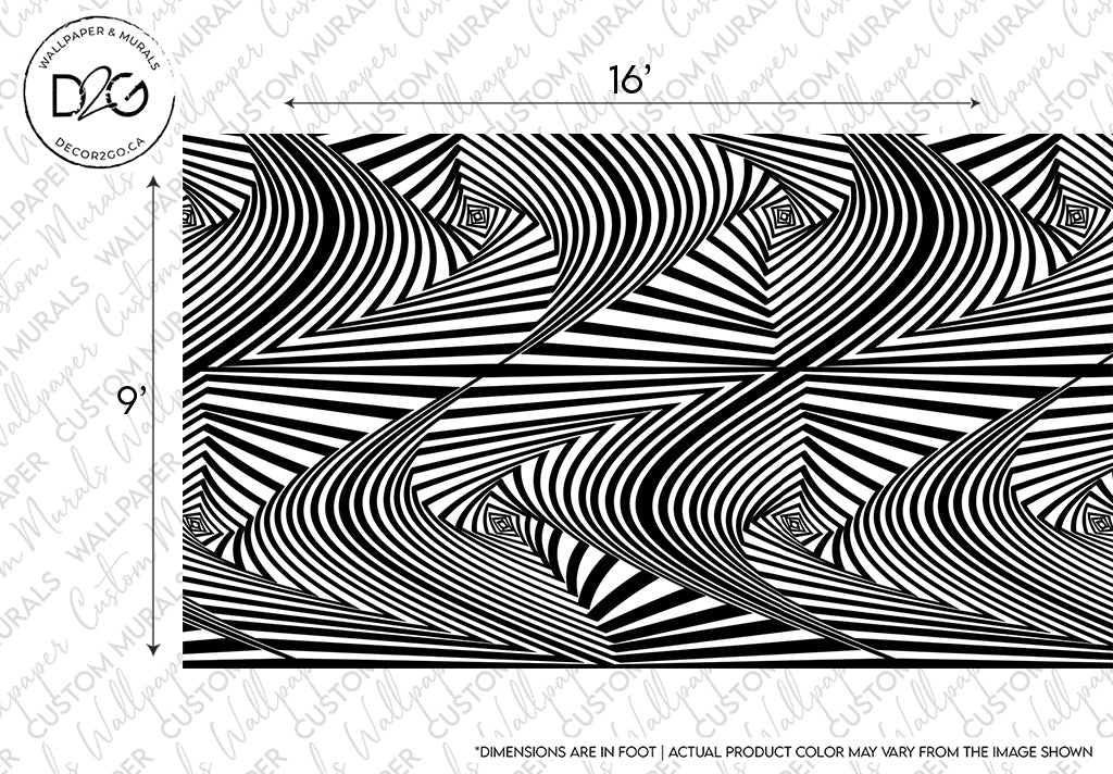 Black and white abstract geometric Decor2Go Wallpaper Mural featuring a series of distorted lines and waves creating a dynamic visual effect, with dimensions labeled as 16 by 9 inches.