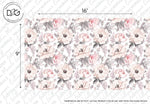 A pattern of pink and white roses with green leaves on a light background, flanked by dimensions measuring 16 inches by 9 inches, and a note on possible color variation for elegant living space decor. Check out the Decor2Go Wallpaper Mural Pink Drawn Flowers Wallpaper Mural.
