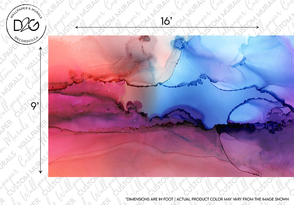 Abstract art featuring vibrant colors of blue, pink, and red, resembling a fluid landscape. Dimensions marked as 16 by 9 inches. The text notes that color may vary from the image shown. Rainbow Haze Wallpaper Mural by Decor2Go Wallpaper Mural.