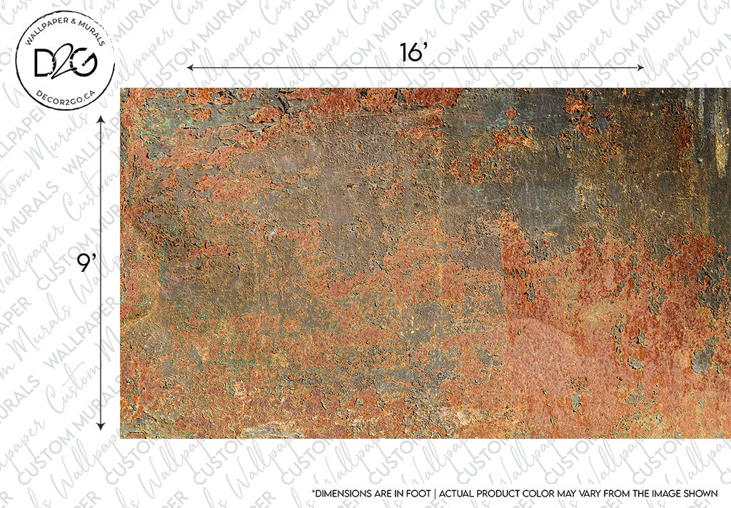 A textured finish featuring a blend of rust and grey tones with patches of exposed metal, designed as a Decor2Go Wallpaper Mural by d&g decorated, measuring 16 by 9 inches.