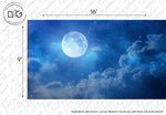A large, bright full moon in a dark blue starlit sky with scattered clouds. This Under the Moonlight Wallpaper Mural from Decor2Go Wallpaper Mural is ideal for bedrooms and relaxing areas. The image includes dimensions and a disclaimer stating the color.