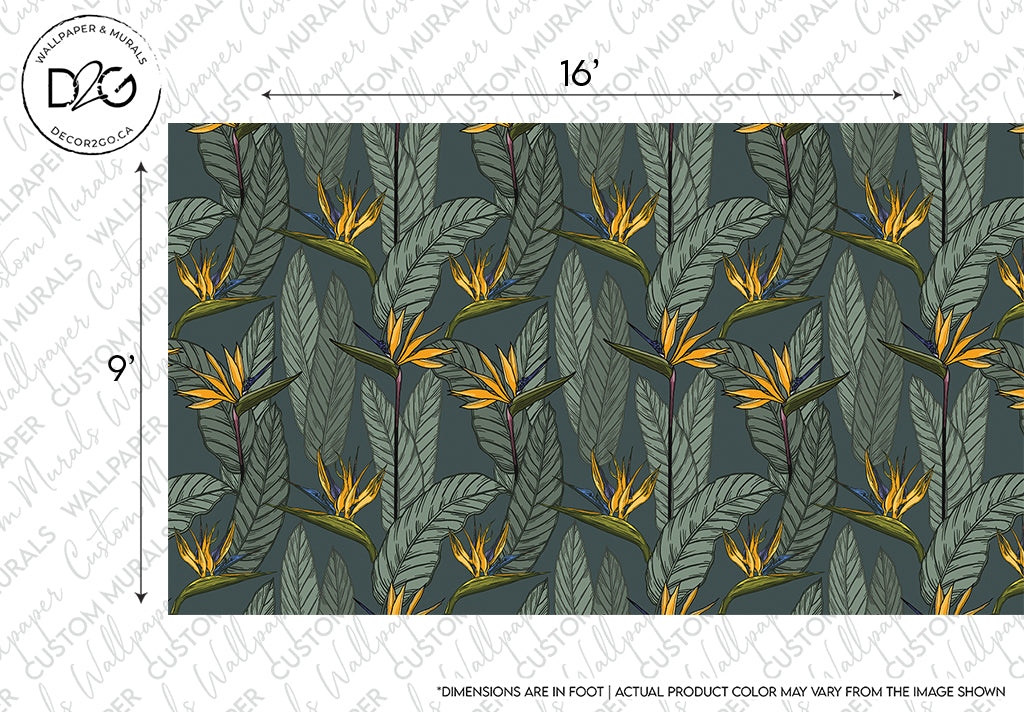 A Vintage Botanical Garden Wallpaper Mural featuring a dark blue background with a pattern of stylized tropical leaves in shades of green and yellow, with custom sizing available, and a watermark reading "Decor2Go Wallpaper Mural".