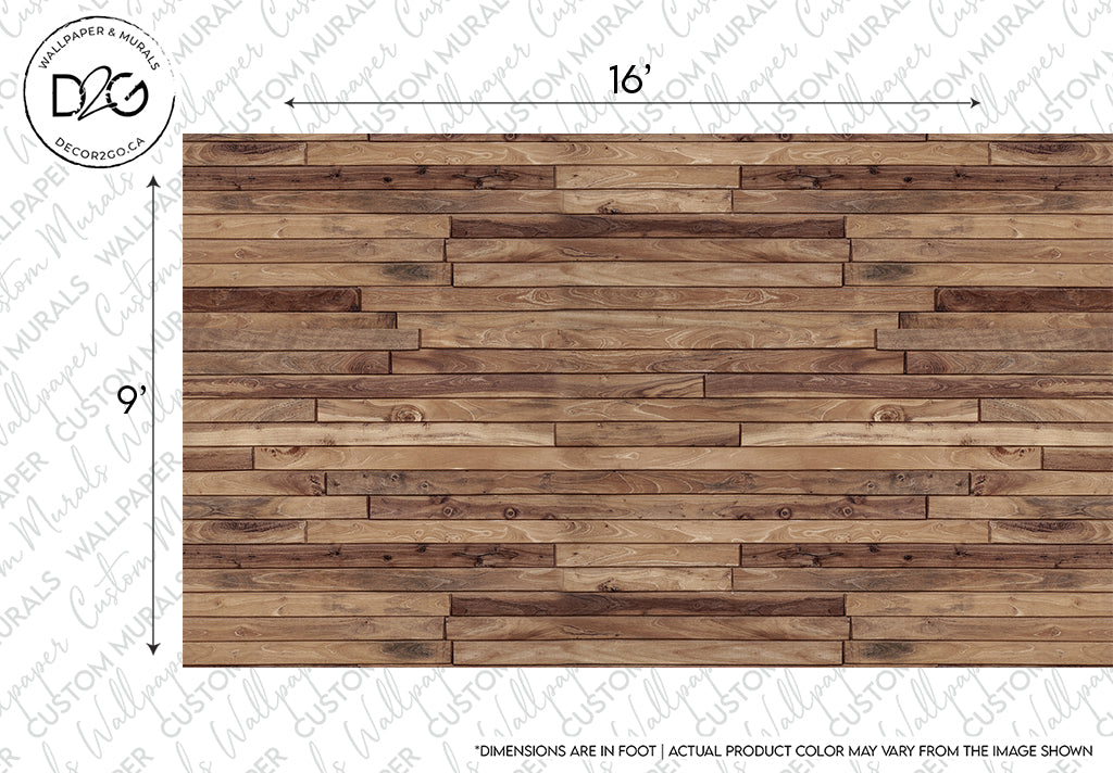 Rustic Wood Cabin Wallpaper Mural showcasing various shades and grains. Dimensions are labeled with 16 inches width and 9 inches height. The logo "D&G Decorco" is in the top left.