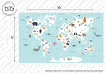 The Decor2Go Wallpaper Mural, World Map with Wild Animals Blue Wallpaper Mural, features wild animals from various regions. Landmasses are in white, and the oceans are light blue. Animals include elephants, bears, kangaroos, lions, and more, placed according to their natural habitats across different continents. Dimensions are 16 feet by 9 feet—perfect educational decor.