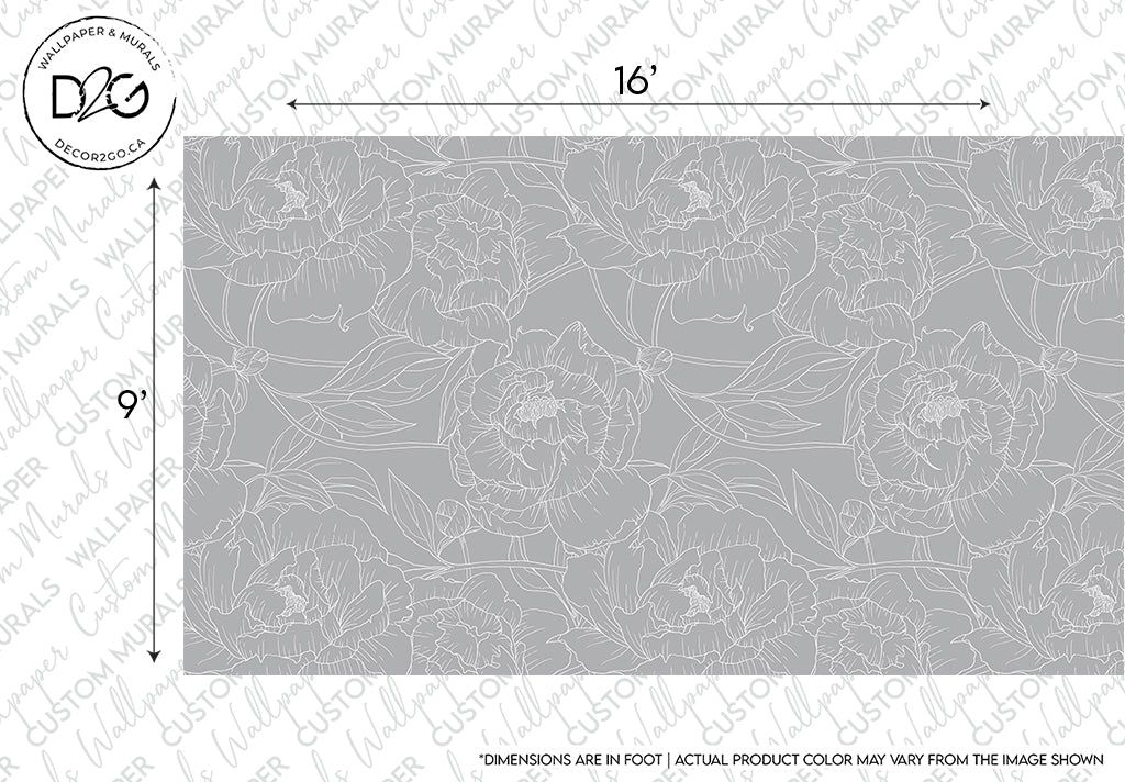 A digital design of the Grey Peonies Outline Wallpaper Mural by Decor2Go Wallpaper Mural featuring an intricate pattern of peony flowers and leaves, with a scale indicating the pattern repeats every 16 inches in width and 9 inches in height.