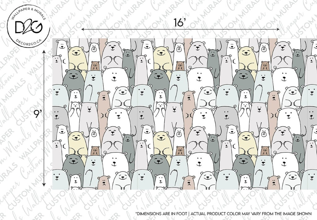 Accent wallpaper with bears in different colors and sizes 