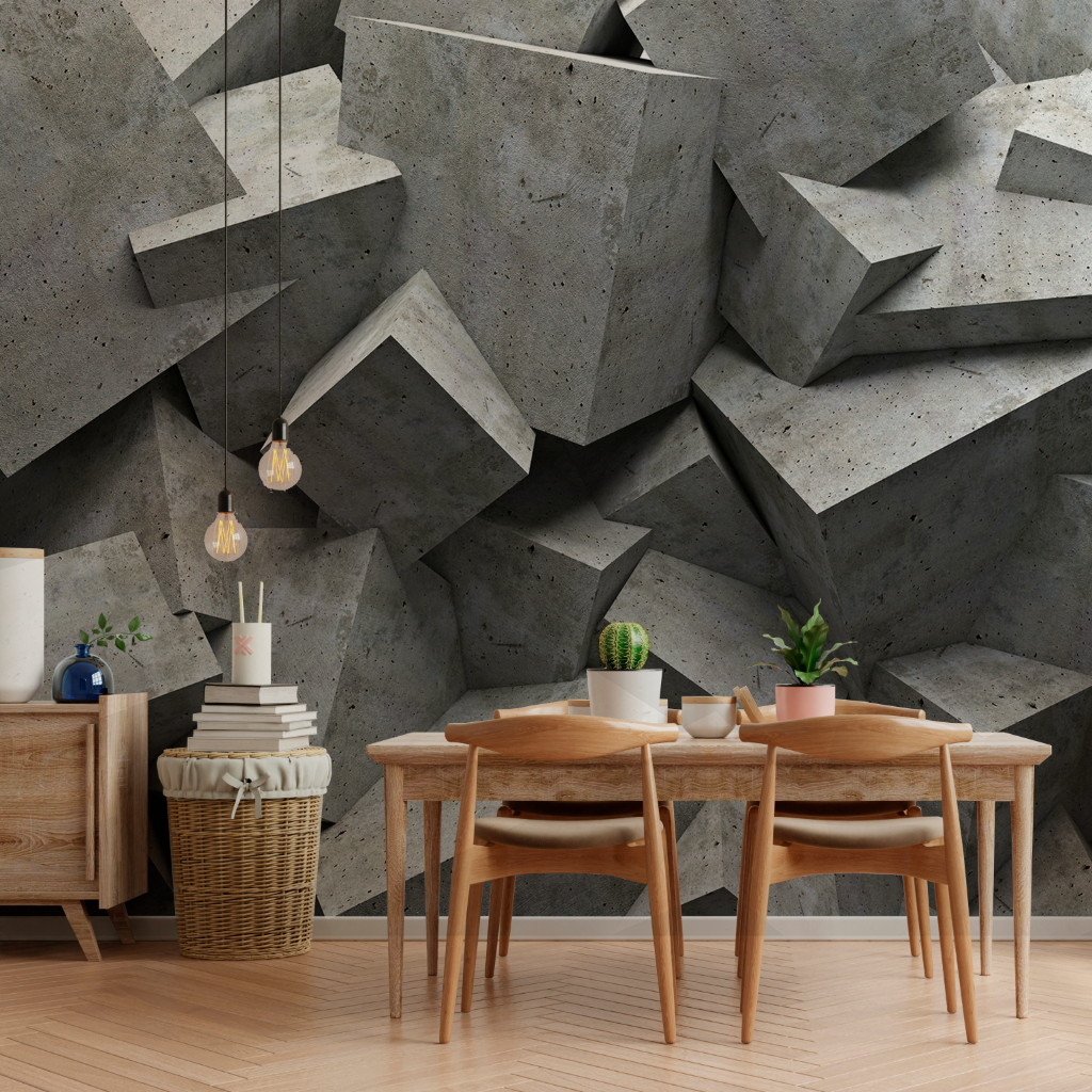 Abstract 3D mural featuring a textured arrangement of concrete cubes, creating a modern and industrial aesthetic for interior decor in the dining room