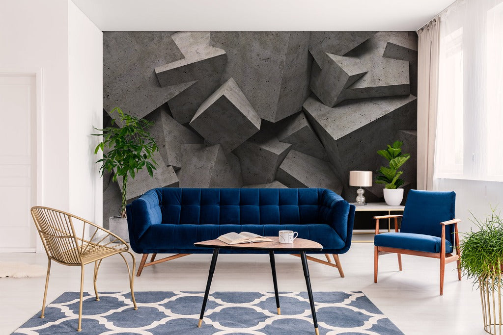 Abstract 3D mural featuring a textured arrangement of concrete cubes, creating a modern and industrial aesthetic for interior decor