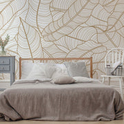 Bedroom - A cozy bedroom with a large Decor2Go Wallpaper Mural, featuring a bamboo bed frame with white bedding and a grey blanket, and a small white chair beside it.