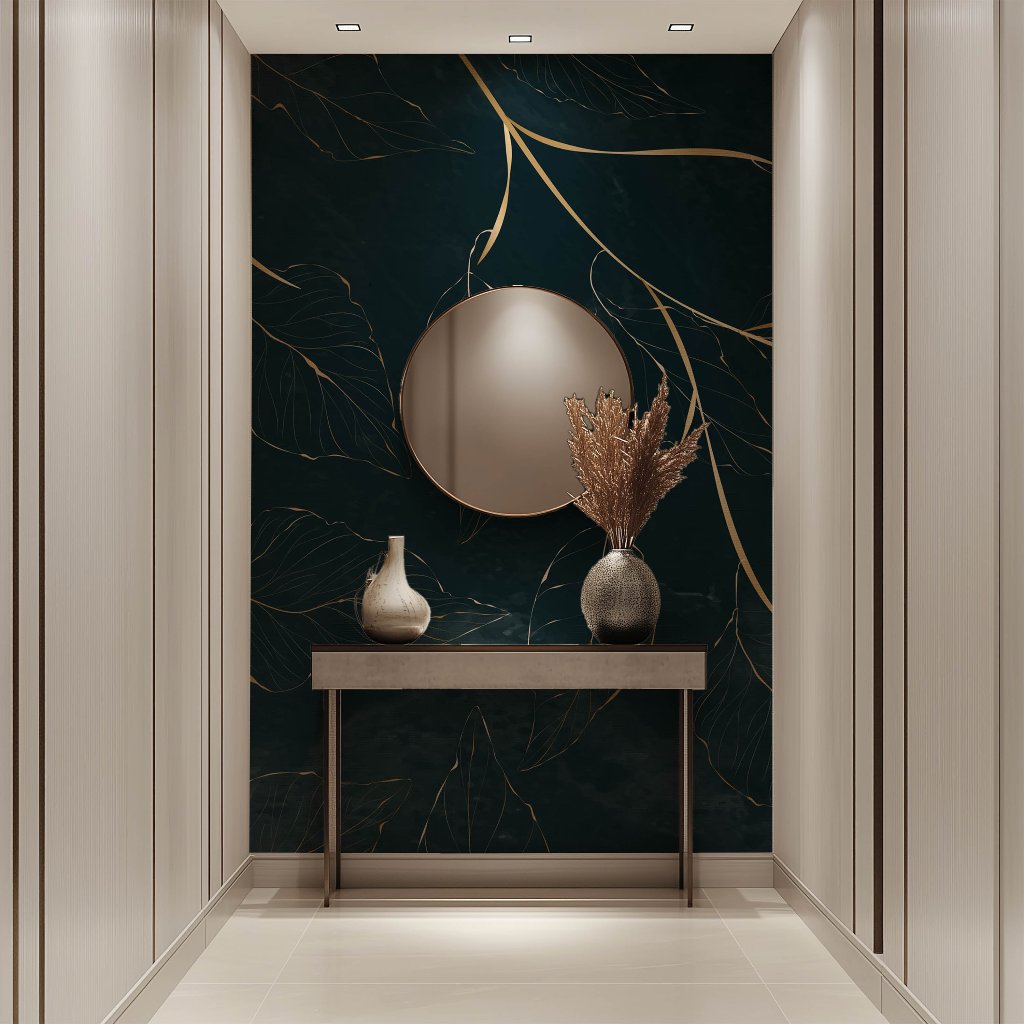 A contemporary hallway features the Golden Leaves Wallpaper Mural from Decor2Go Wallpaper Mural. A circular mirror is positioned above a minimalist console table, which holds two vases filled with dried pampas grass. The neutral tones harmonize effortlessly to establish an elegant autumn atmosphere.