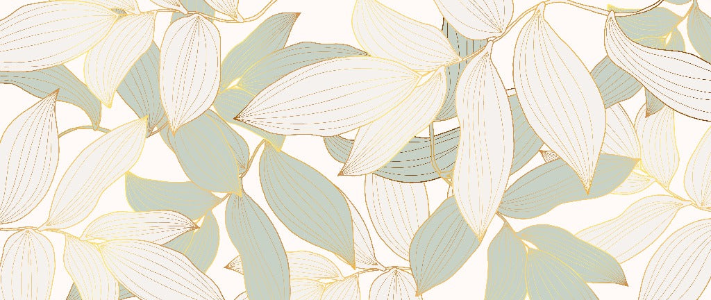 A seamless pattern featuring overlapping golden leaves in soft shades of green and cream, drawn with delicate lines and subtle shading, set against a light background by Decor2Go Wallpaper Mural's Lush Leaves Wallpaper Mural.