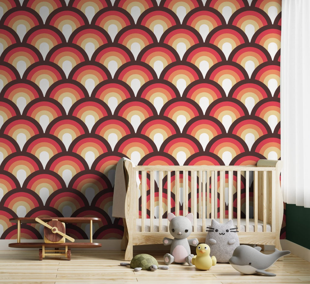 Retro Bedroom with wallpaper in the background in color as brown, orange and yellows in arcs