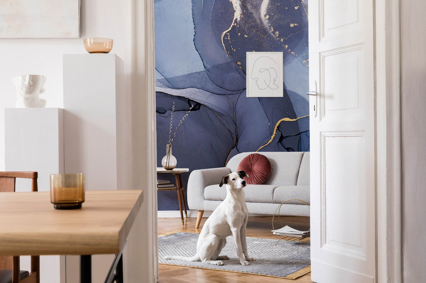 Apartment with dog and beautiful blue wallpaper